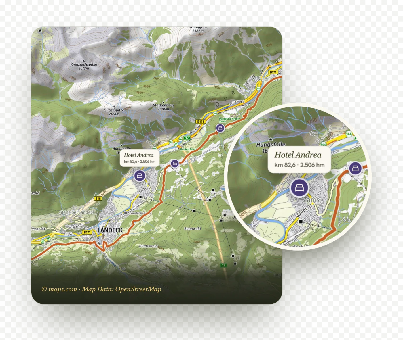 Karte Etappe 1 mit Etappenziel Zams und Unterkunft Hotel Andrea, km 82,6